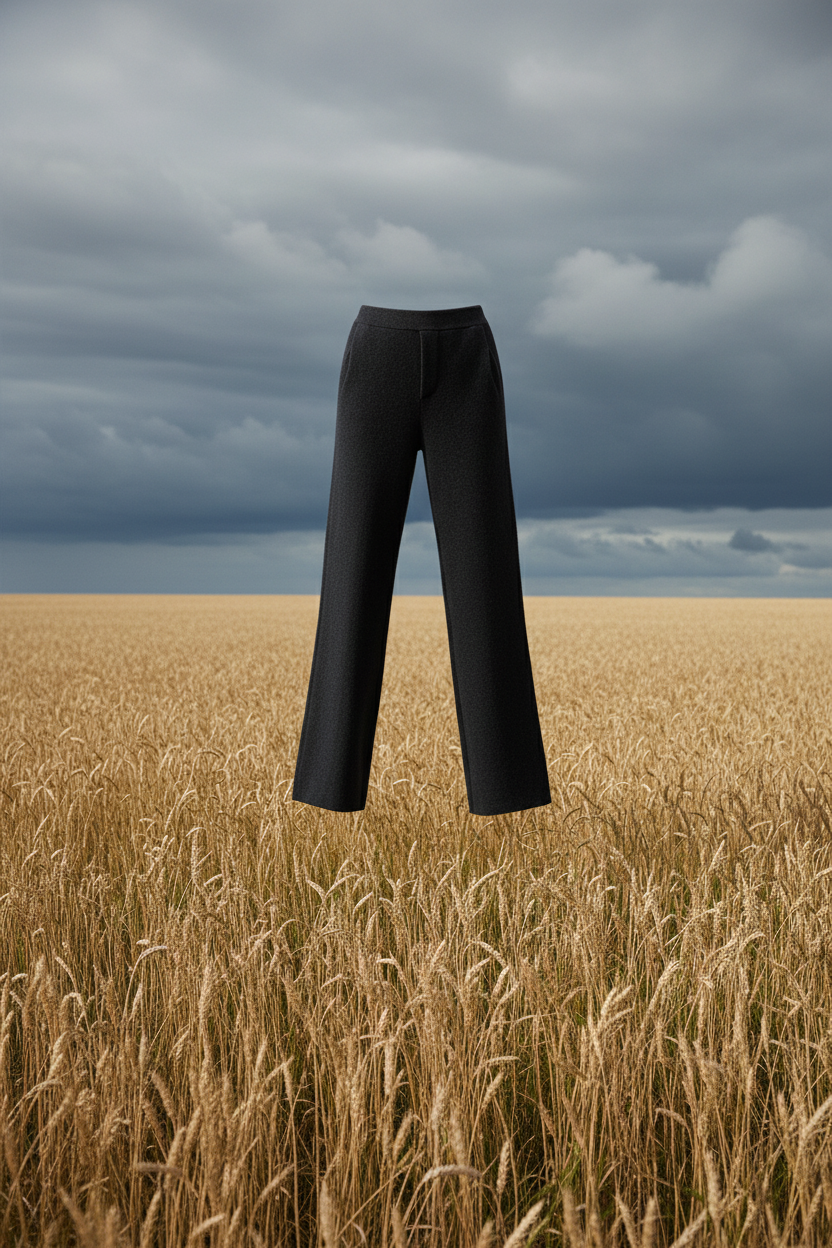 Black cashmere trousers floating in field
