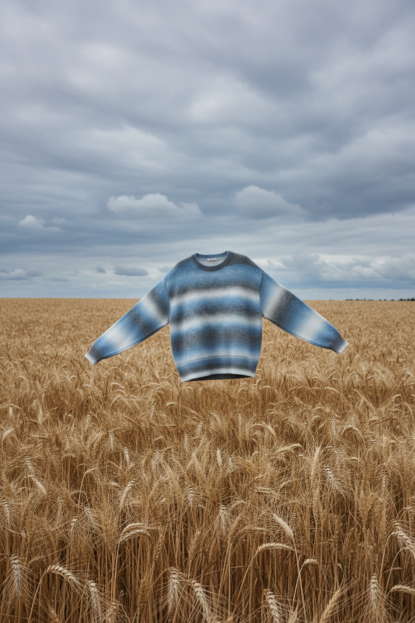 Blue sweater front floating in wheat field