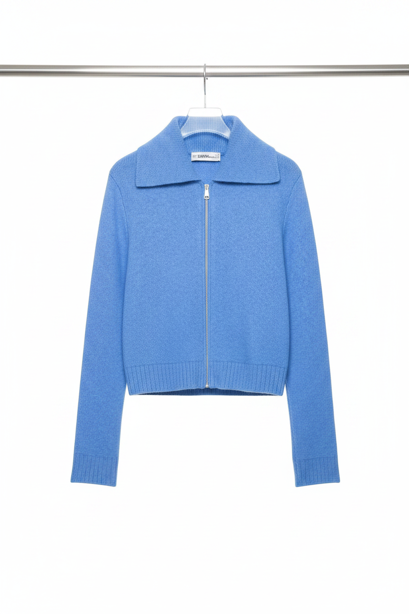 Blue zip sweater front on rack