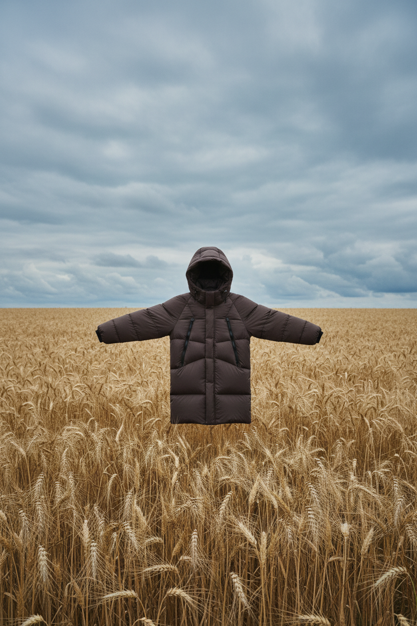 Brown jacket front floating in wheat field