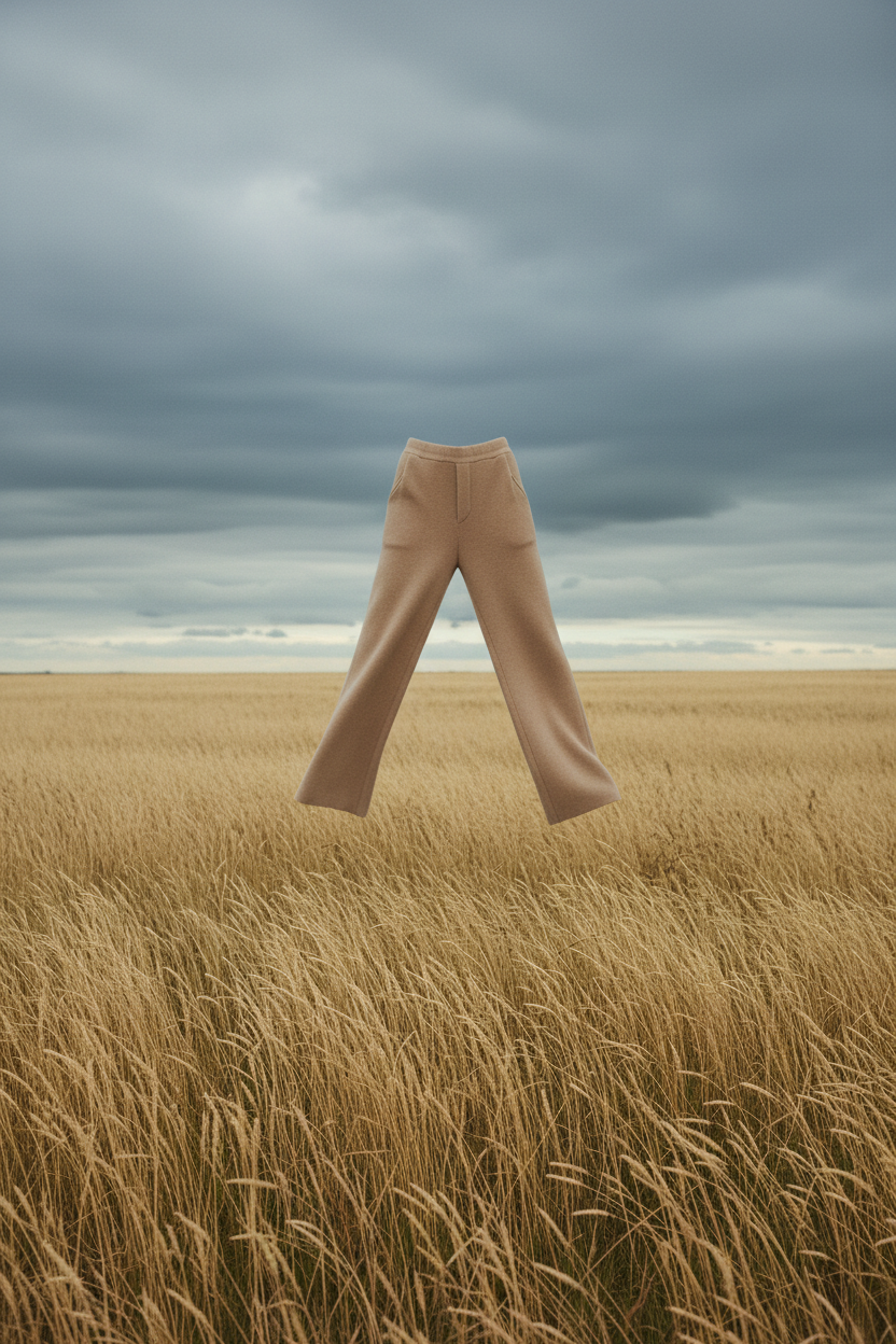 Camel cashmere trousers floating in field