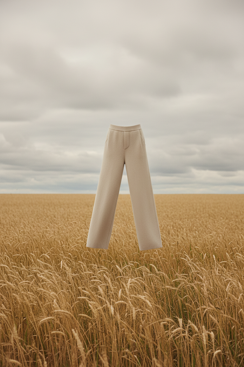 Cream cashmere trousers floating in field