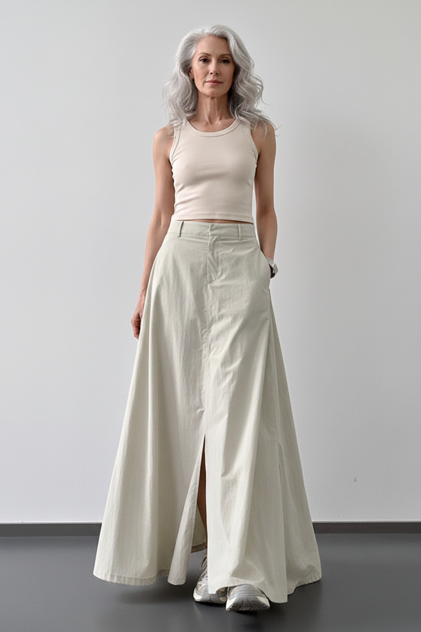 Cream skirt walking pose