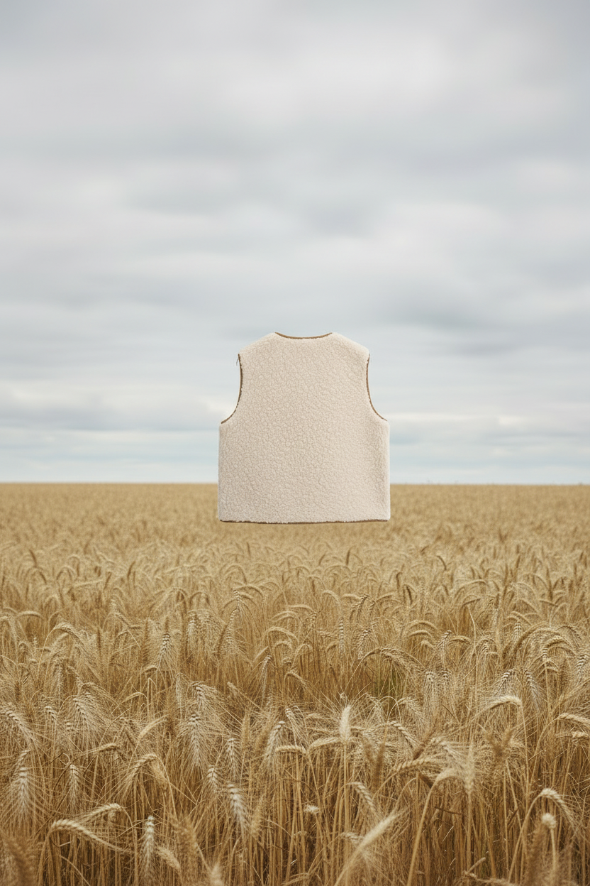 Faux wool vest back floating in wheat field