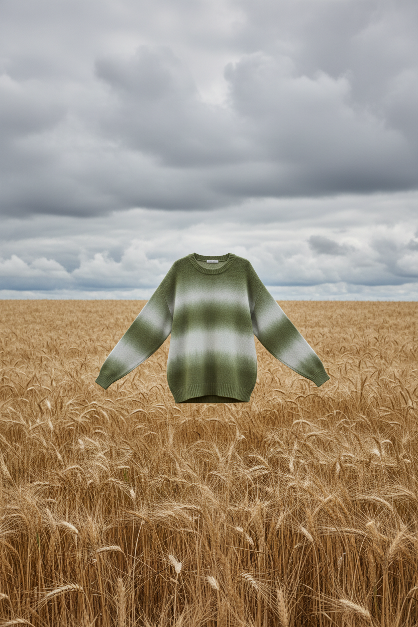 Green sweater front floating in wheat field
