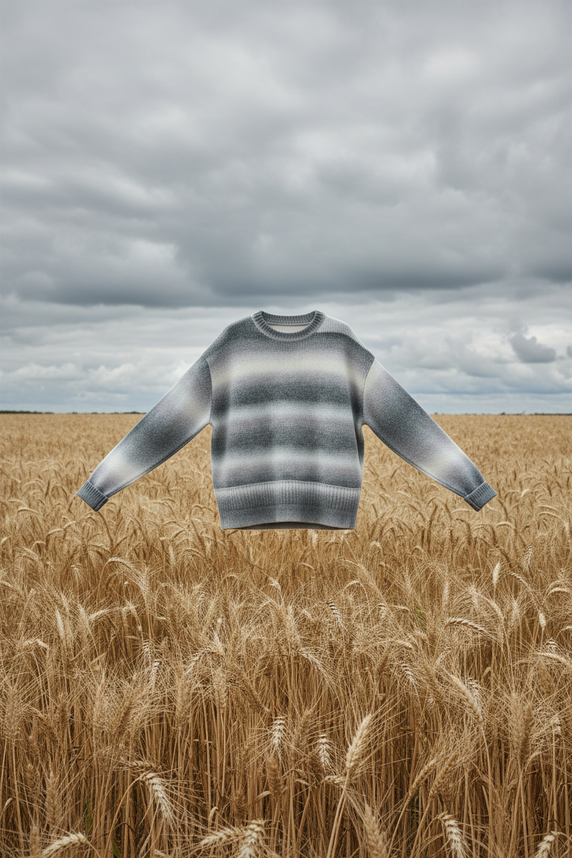 Grey sweater front floating in wheat field