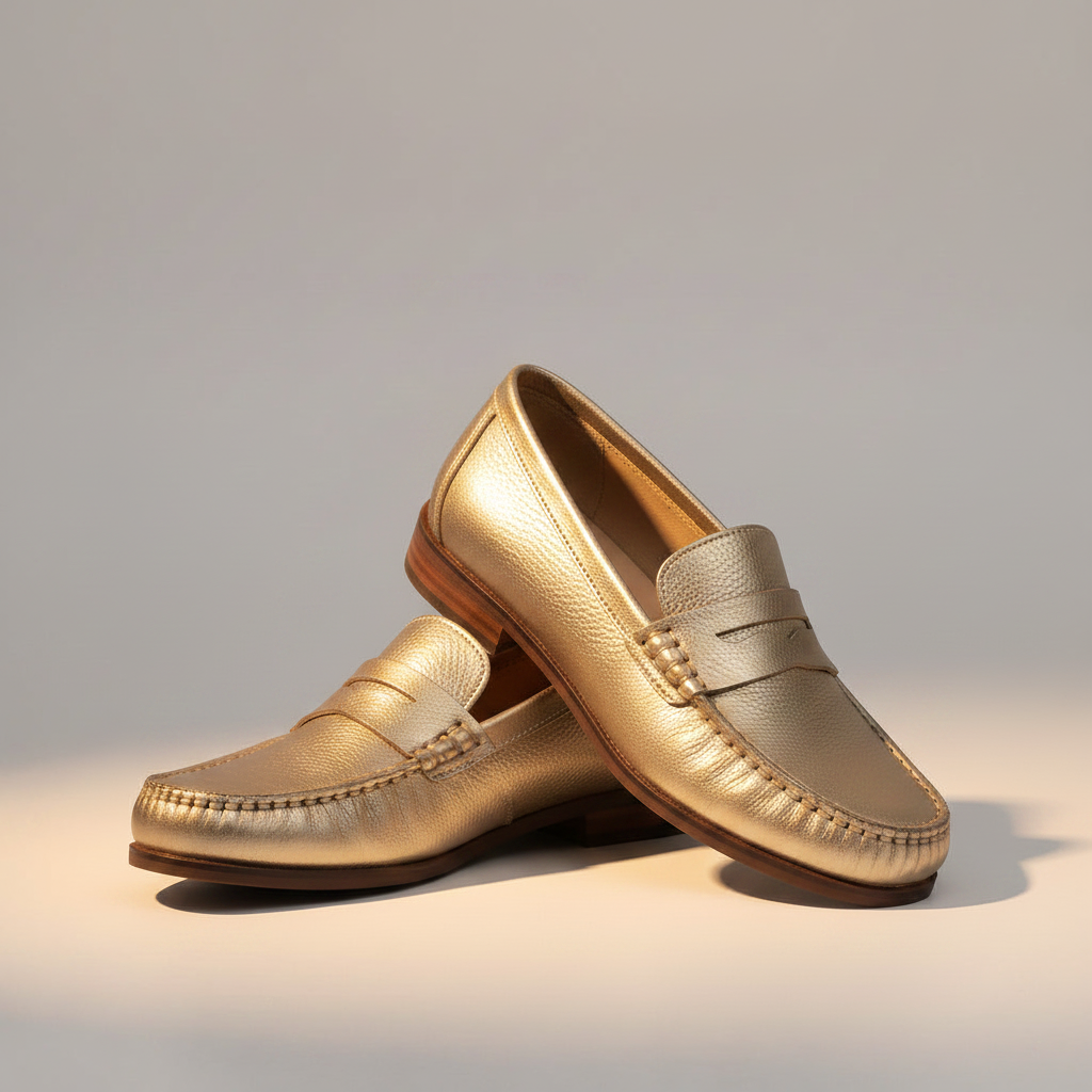 Gold penny loafer editorial