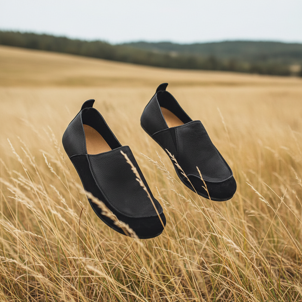 Black loafers floating Scandic field