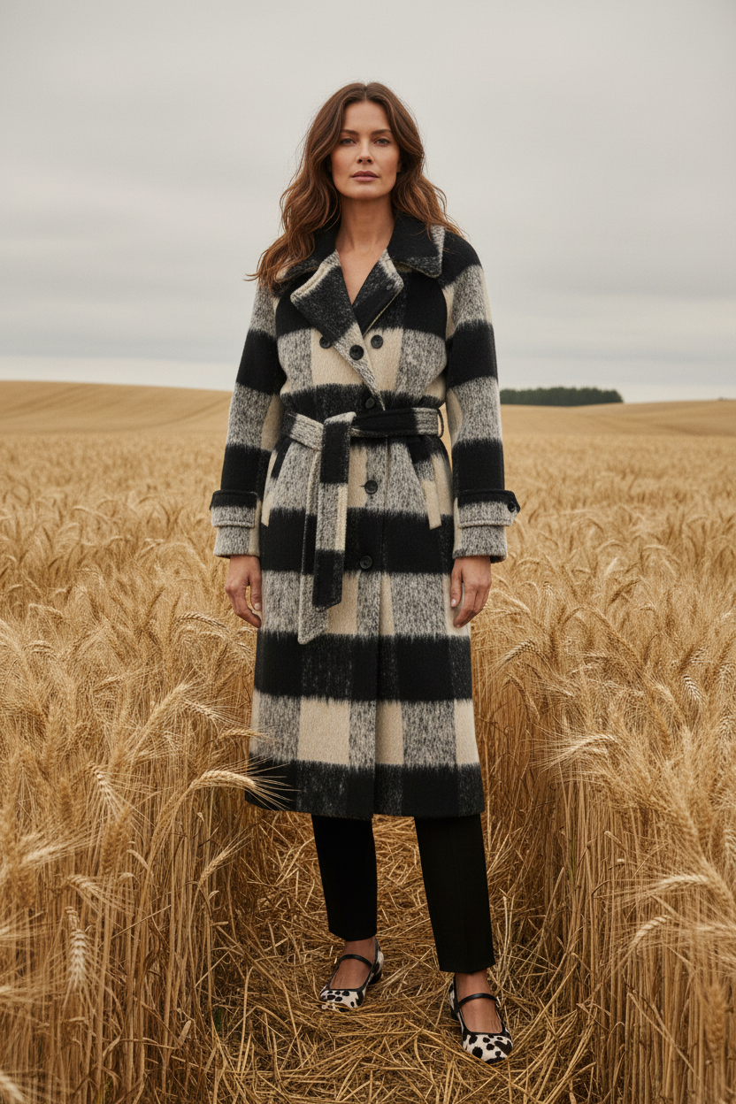 Model in checked coat, wheat field, cow-print shoes