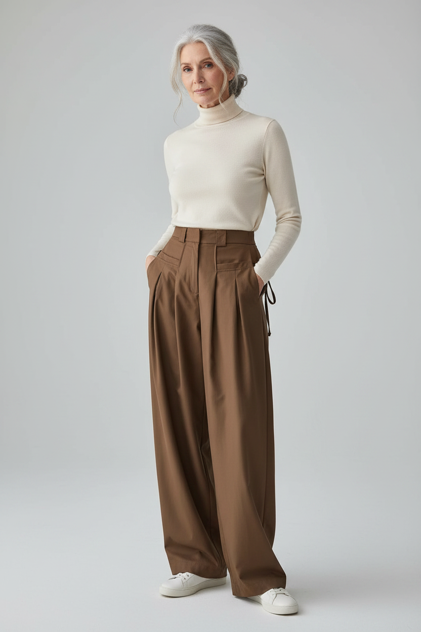 Older Scandinavian woman in mocha trousers