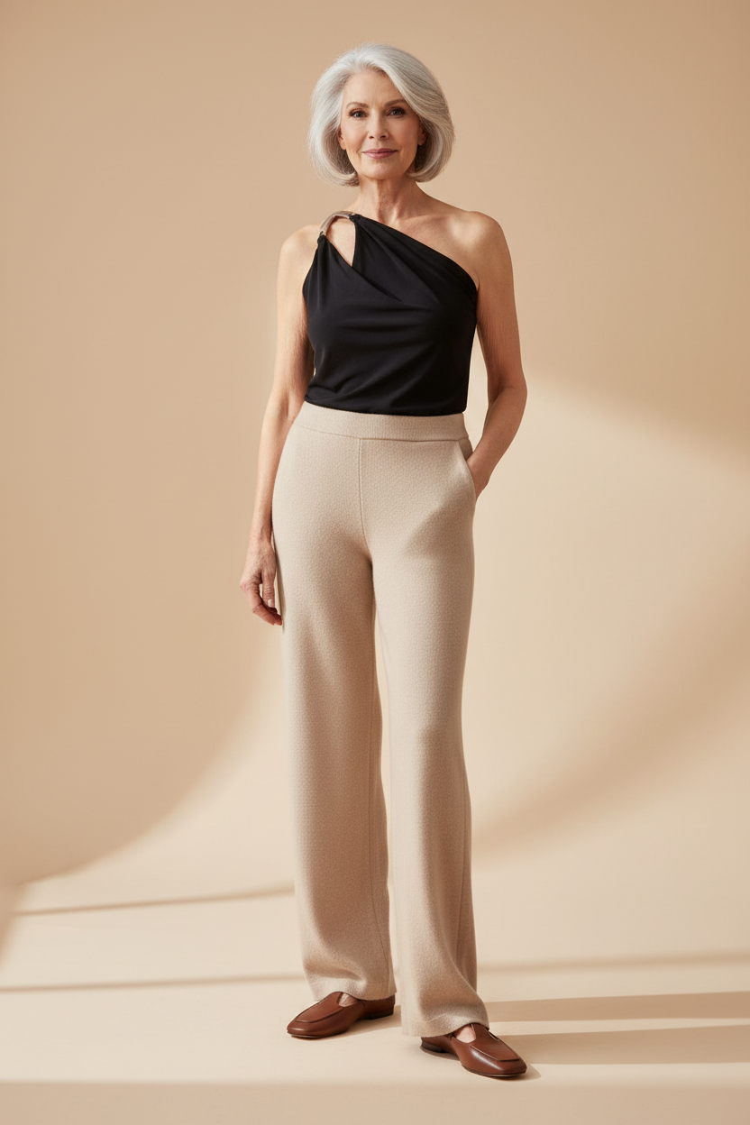Older Scandinavian woman wearing WTO 2 top, WTR 1 trousers and WSH 2 Mary Janes