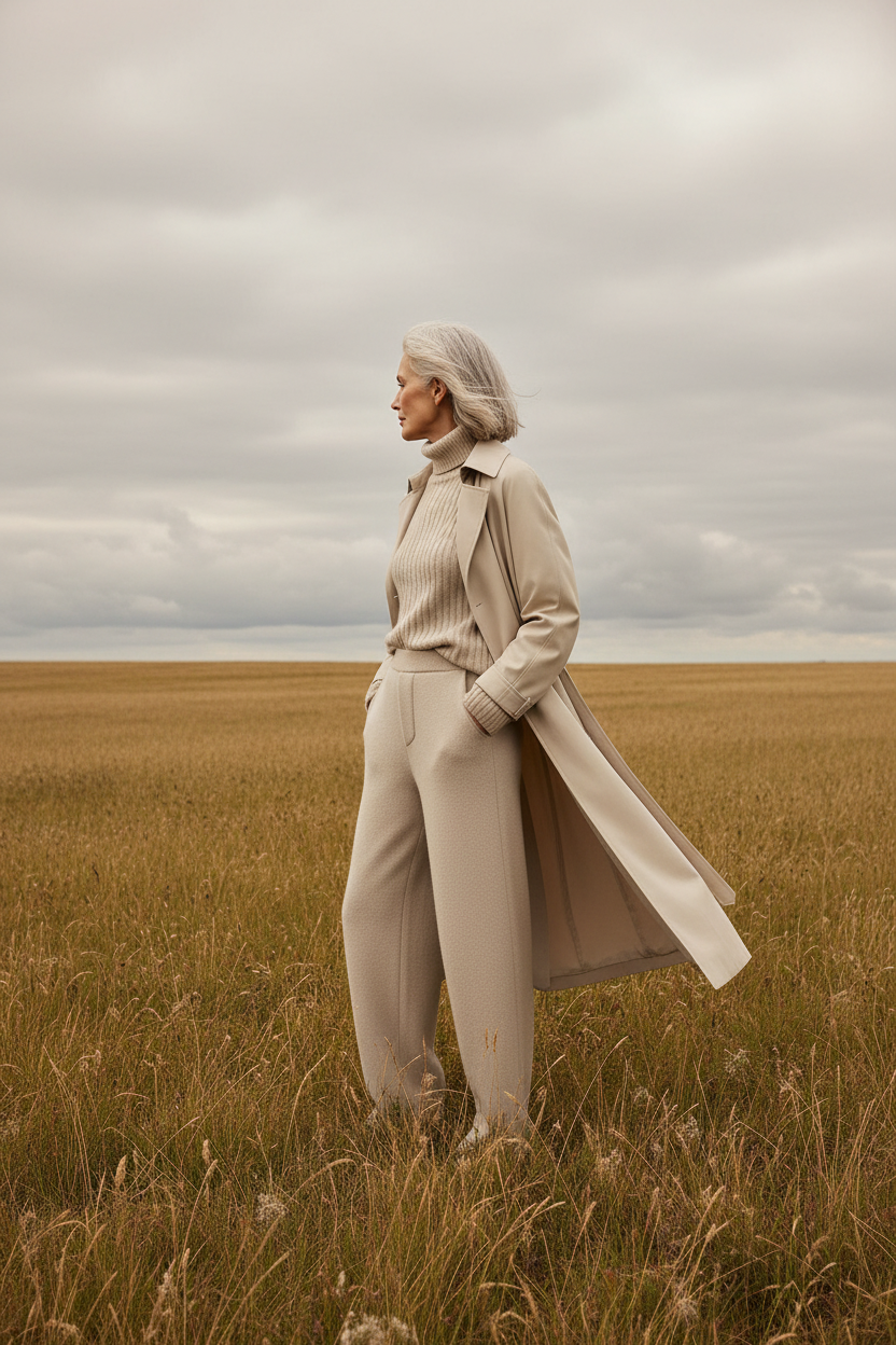 Older woman in field wearing cream trousers