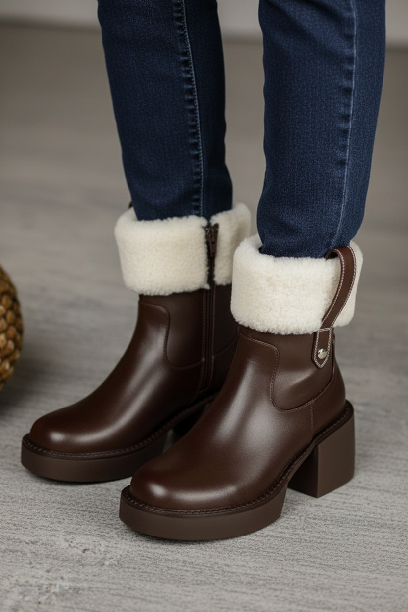 Older woman wearing brown shearling boots with dark jeans