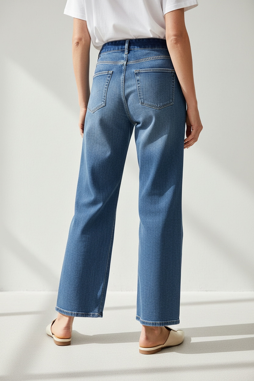 Older woman wearing high-waist jeans back