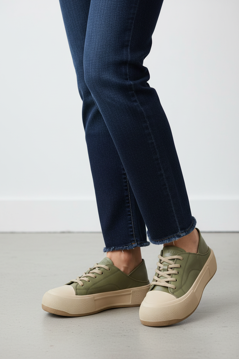 Older woman wearing olive green sneakers with dark jeans