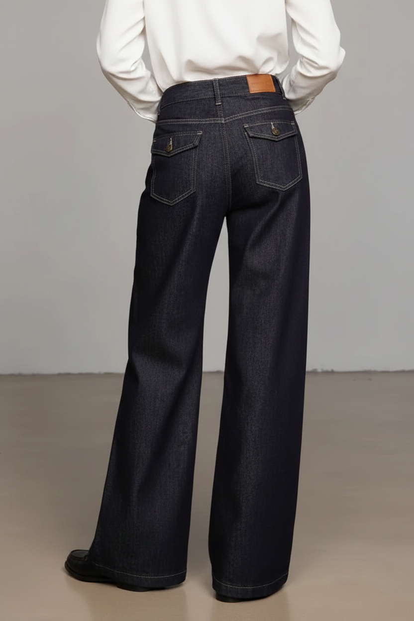 Older woman wearing wide-leg jeans back