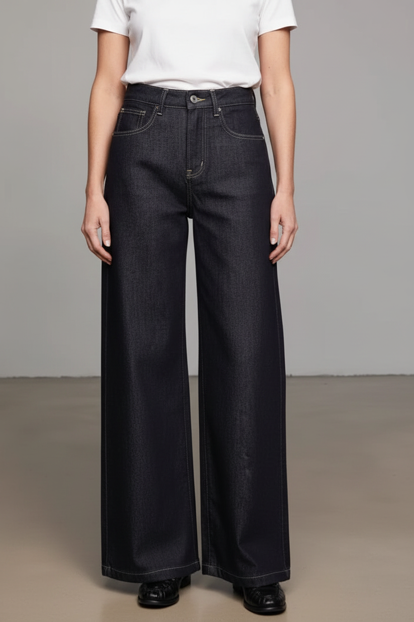 Older woman wearing wide-leg jeans front