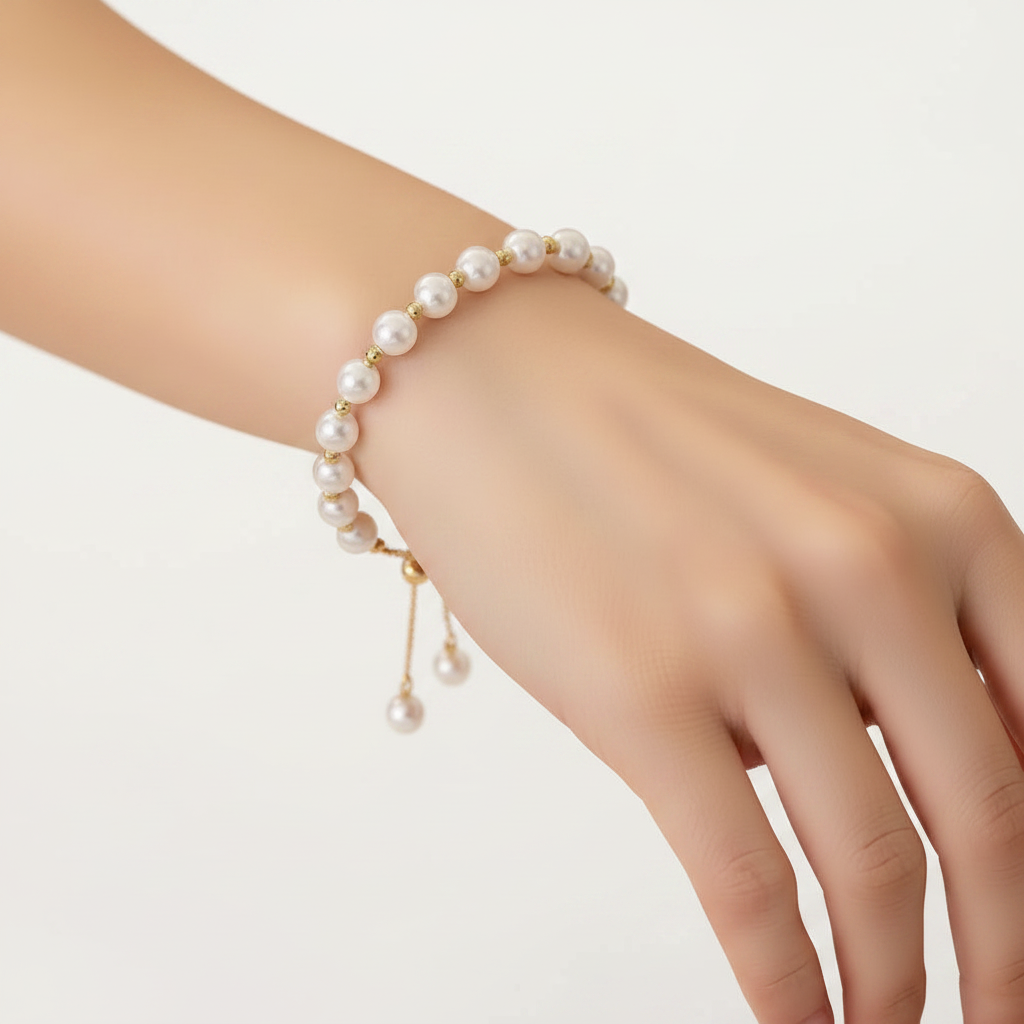 Pearl bracelet worn on wrist white background