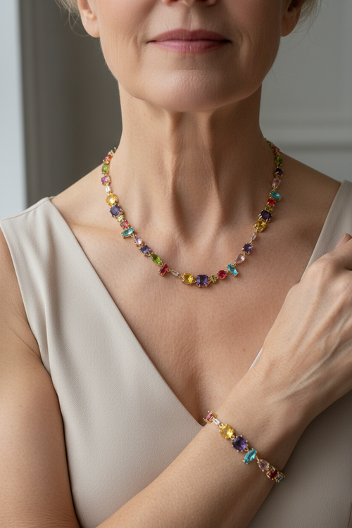Scandinavian woman wearing gold necklace and bracelet