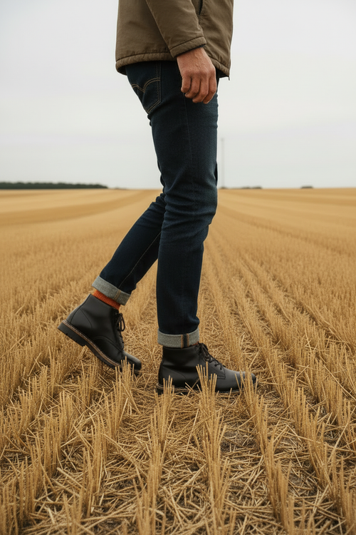 Side Angle – Dark Black Boots in Field
