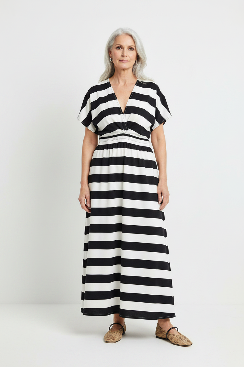 Striped Dress Black/White — Tan Mary Janes