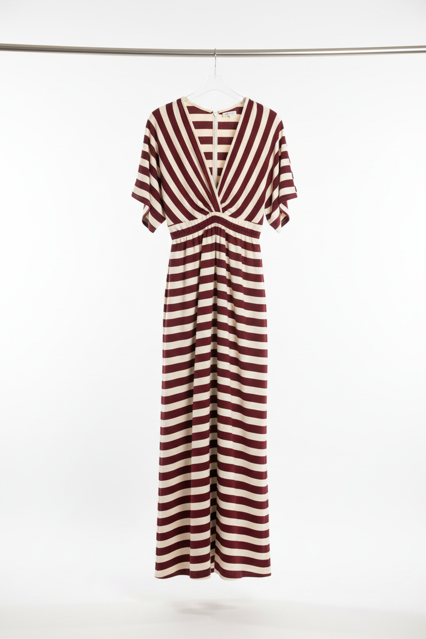 Striped Dress Burgundy/Cream — Front on Hanger