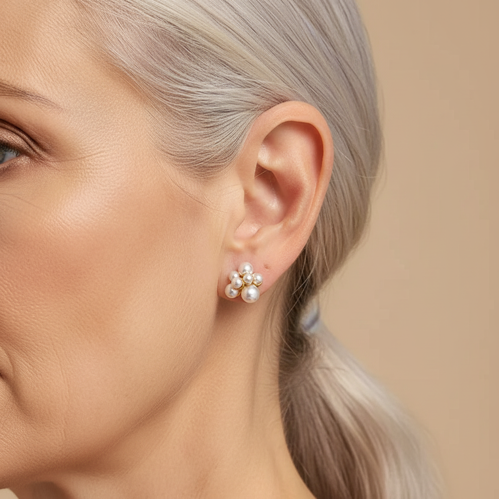 Tiny pearl cluster stud on earlobe