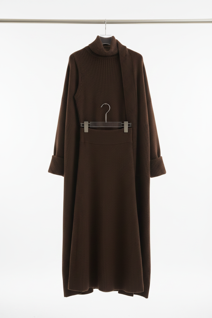 Turtleneck Vest & Skirt Set Brown — Hanger Front
