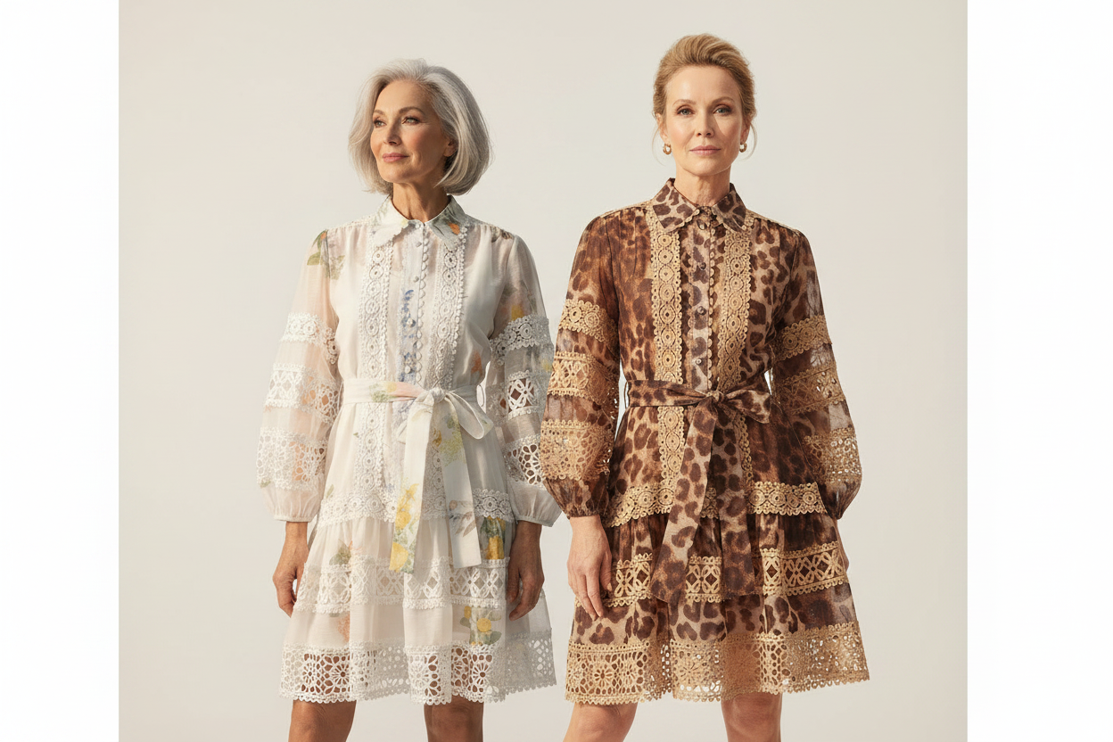 Two older Scandinavian women in Bohemia Dress — white floral and leopard