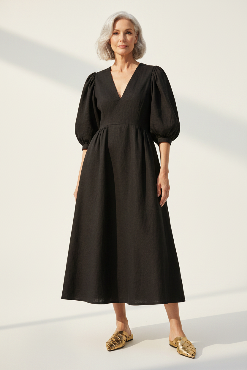 WDR 4 – Older Scandinavian Woman, Black Dress + Gold Sandals