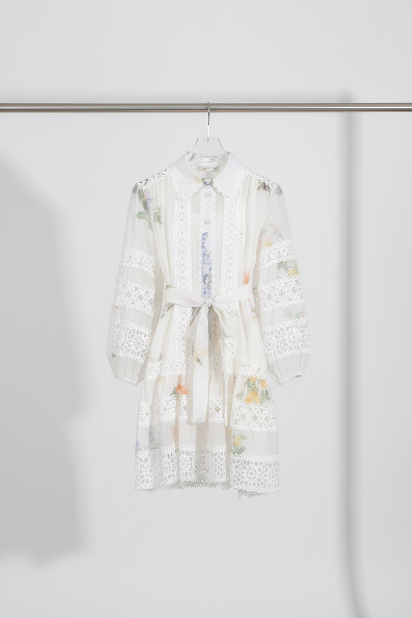 White Bohemia Dress front with floral pattern