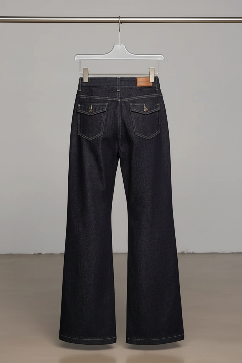 Wide jeans back on metal rack