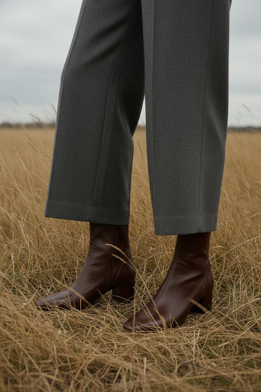 Woman model in field wearing brown boots