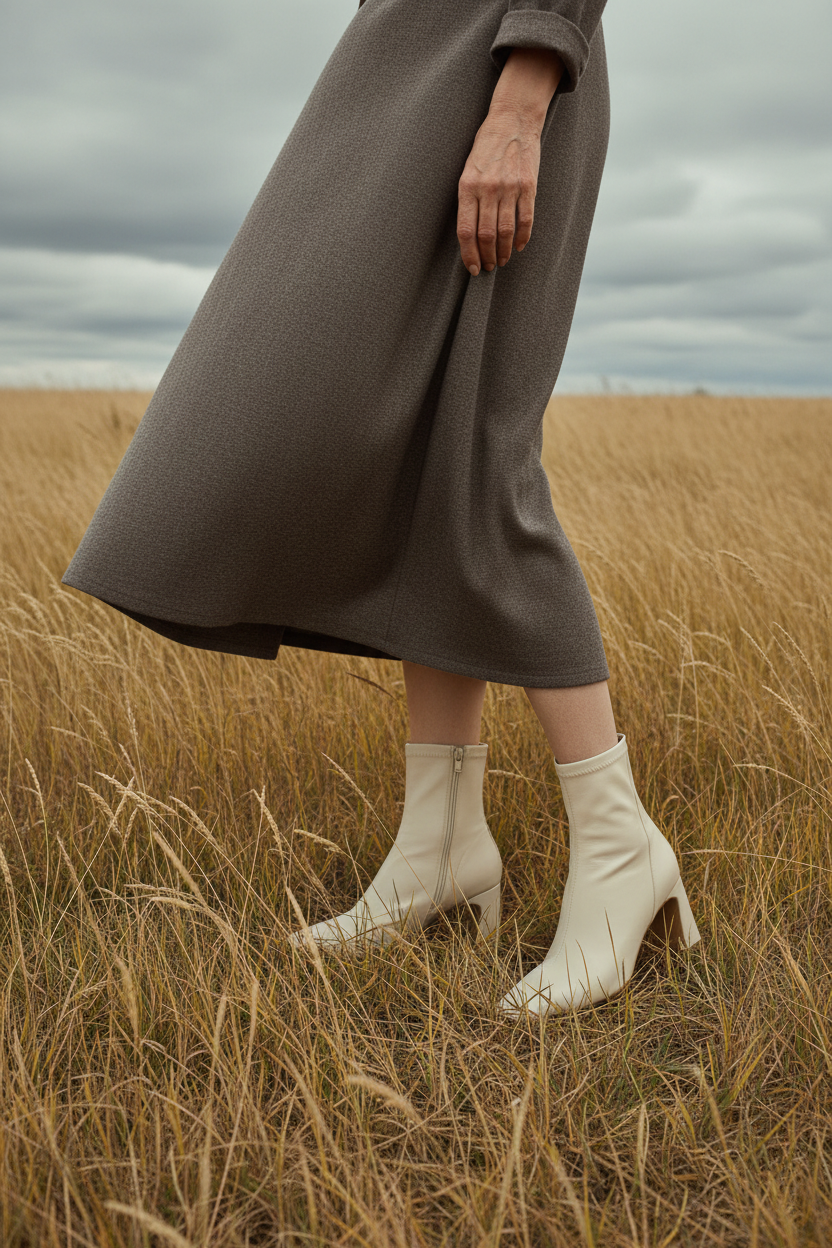 Woman model in field wearing cream boots